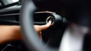 2017-2019 Ford Explorers are equipped with a "push to start" button; the photo is a finger pushing a "Start Engine" button.