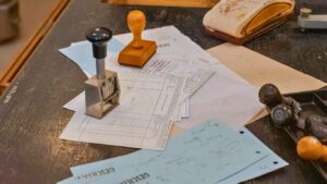 Claims estimates on a desk with stamps, portraying the process to file a property damage claim.