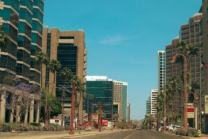 The photo shows a busy street near downtown Arizona. If someone has a car accident on Phoenix's dangerous roads, they'd need an attorney.