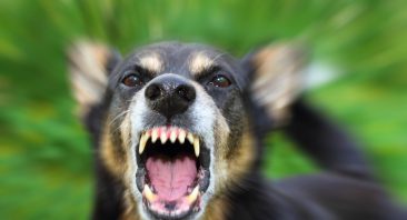 An attacking dog bares its teeth at the camera. This is when someone would need a dog bite attorney.