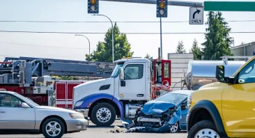 Damaged cars sit at an intersection after a semi truck accident. This is when someone would need an Alabama truck accident attorney.