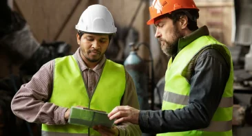 A Birmingham workers' compensation attorney wears a hard hat and reviews a workplace injury claim with a factory worker.