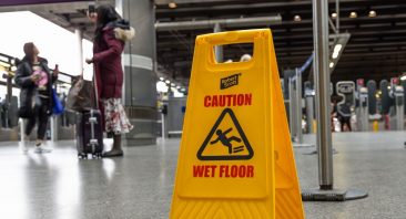 A yellow wet floor caution sign near a subway, illustrating premises liability and slip and fall accidents.