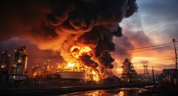 Oil depot fire: Dark smoke billowing from fuel depot. Night scene at oil refining factory. Dramatic fire outbreak at fuel storage facility