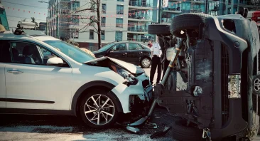 The photo shows two cars in the aftermath of a rollover crash. A Montgomery car accident attorney would be useful.