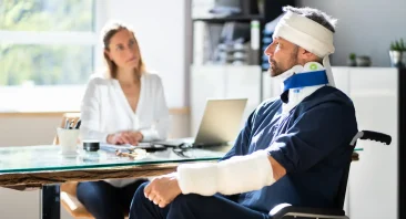 A serious injury lawyer reviews case documents with an injured client during a free consultation at a law firm.